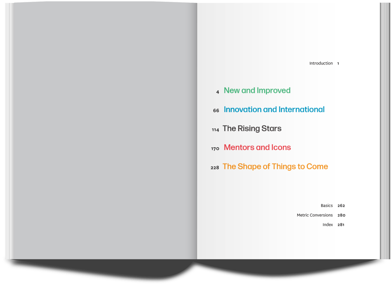 the table of contents of a cookbook. Chapters available: New and Improved, Innovation and International, The Rising Stars, Mentors and Icons, The Shape of Things to come.