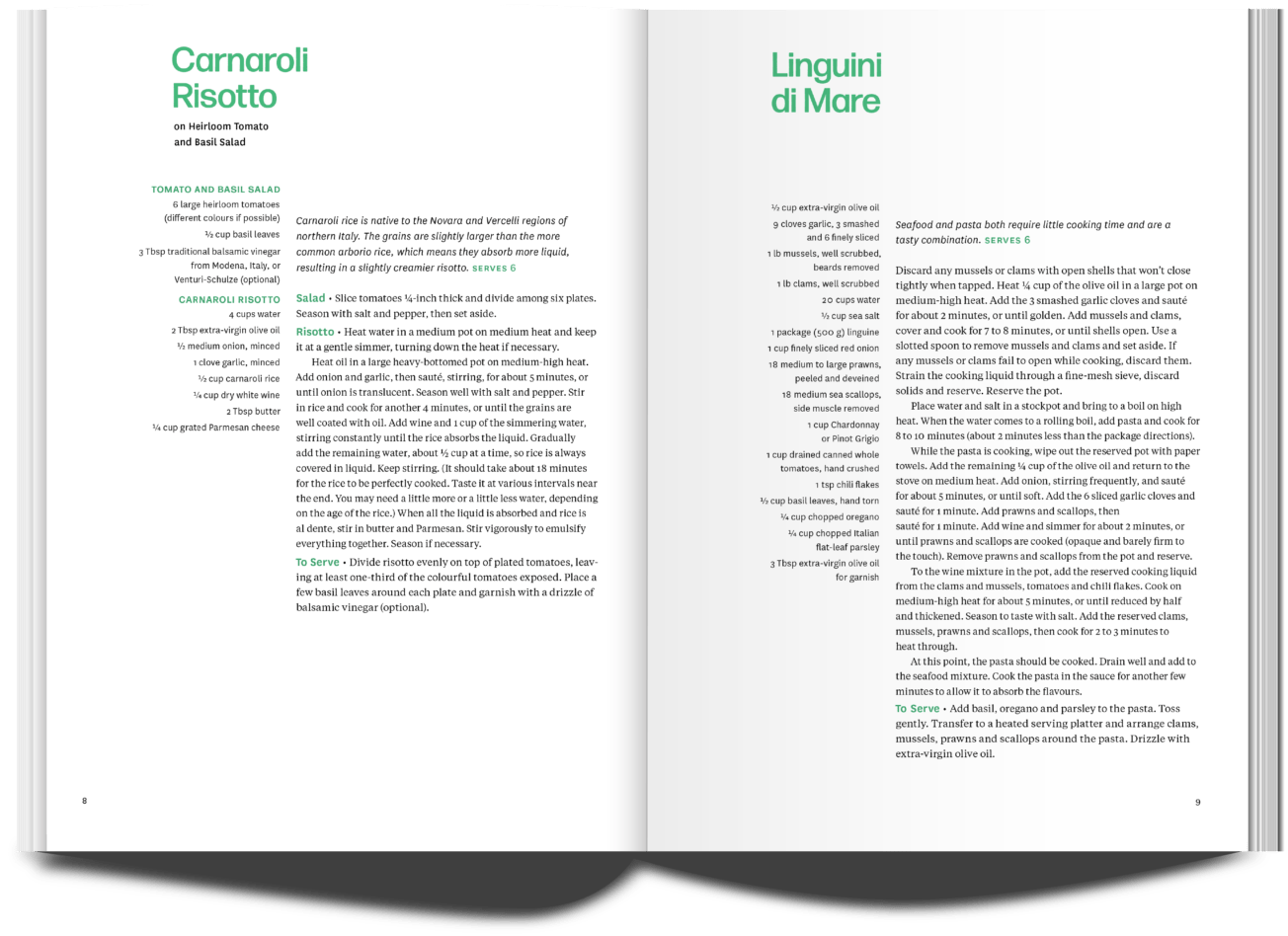 pages of a cookbook. There are two recipes, one on each page. Left Recipe: Carnaroli Risotto with heirloom tomato and basil salad. Right Recipe: Linguini di Mare (linguini pasta in a seafood sauce).