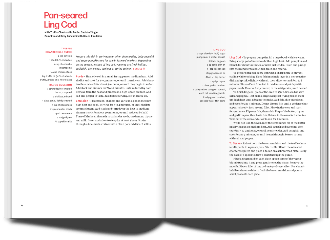 pages of a cookbook. There is a single recipe: Pan Seared ling-cod with white chanterelle purée, Sauté of Sugar Pumpkin and Baby Zucchini with Bacon Emulsion