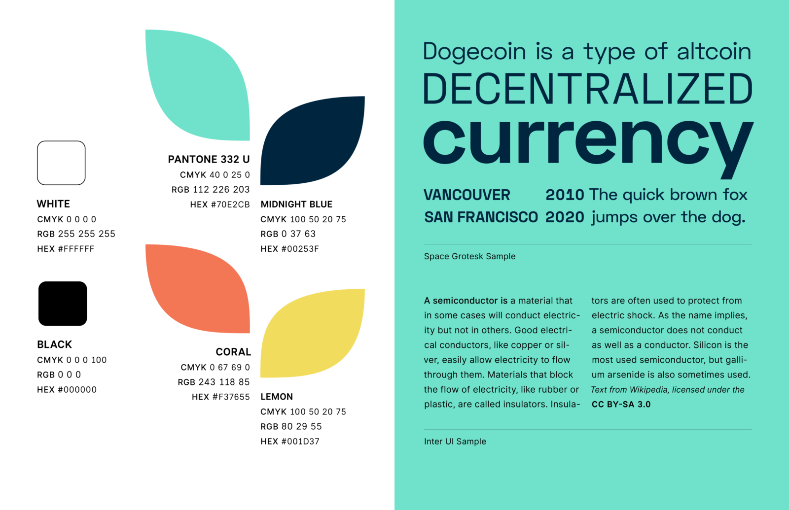 A spread from the Merkle brand guidelines outlining the colorscheme and typography