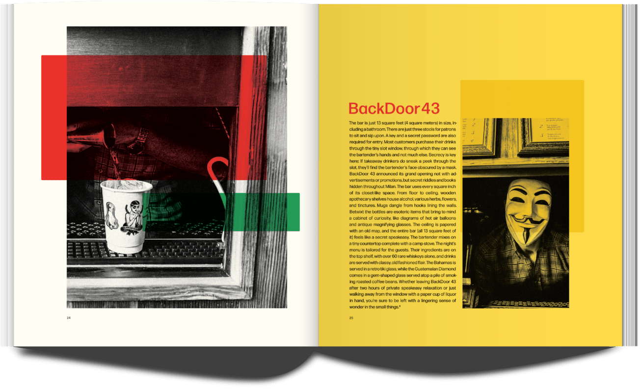 a publication spread. Page Title: Backdoor 43. The text describes a secret bar requiring a password for entry anonymous bartender, also donning the namesaked Guy Fawkes mask.